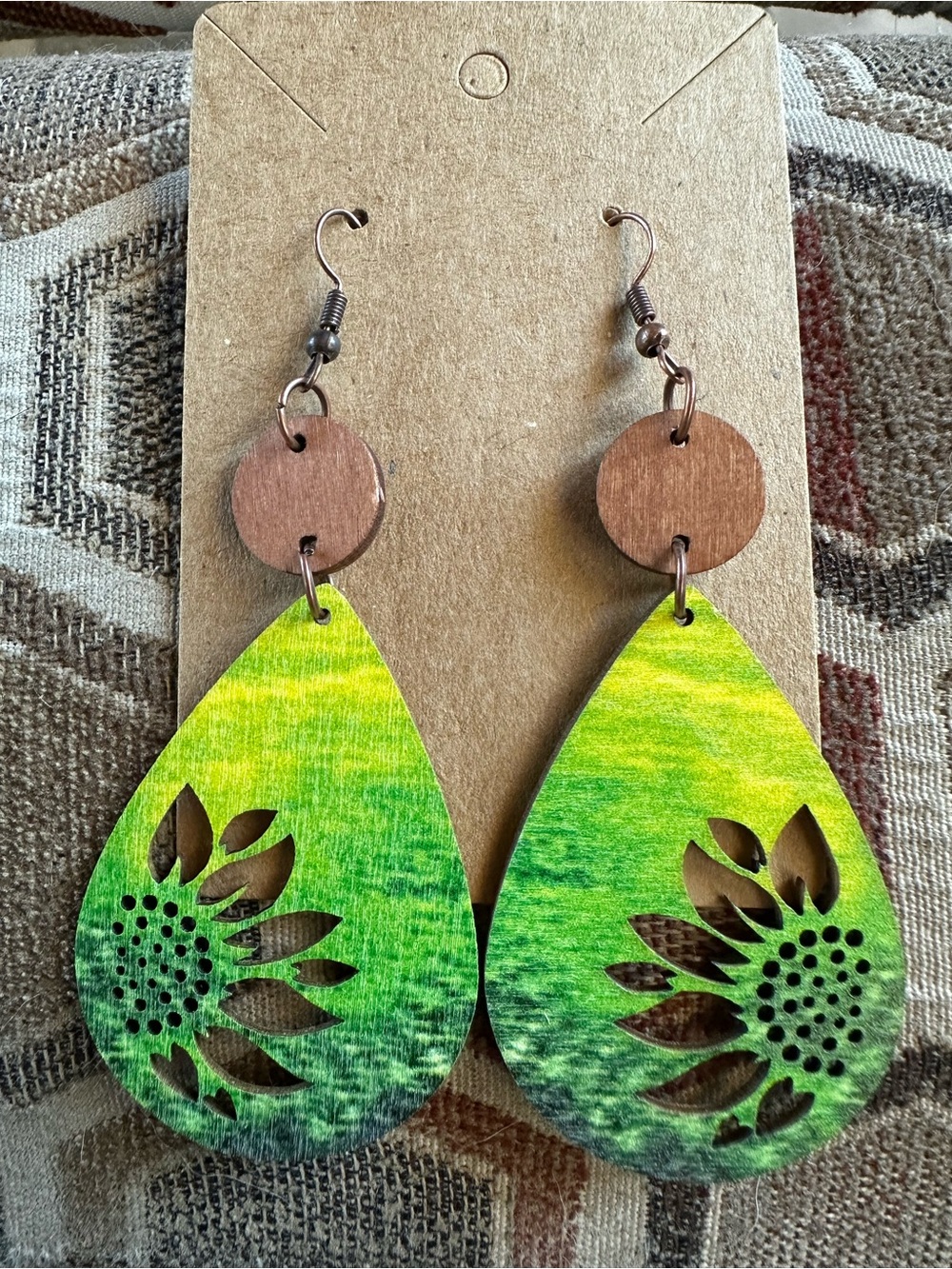 Green Wooden Teardrop Earrings with Sunflower Cutout